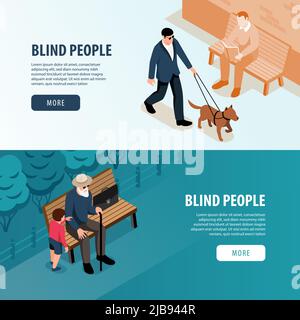 Blind people outdoor 2 isometric horizontal web banners with grandchild assistance and guide dog walk vector illustration Stock Vector