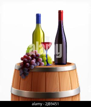 Wine on wooden barrel realistic composition with bottles glass and bunch of grapes on barrel top vector illustration Stock Vector