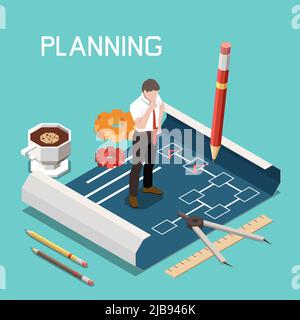 Soft skills isometric concept with planning headline and engineer in the working process vector illustration Stock Vector
