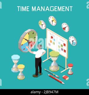 Soft skills isometric composition with time management concept and man at the work vector illustration Stock Vector