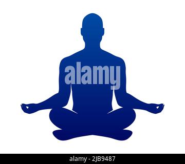 Yoga guru in a lotus pose, isolated on white background. Relaxing, meditating man blue silhouette in a zen condition, vector illustration. Stock Vector
