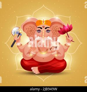 Elephant headed hindu god ganesha holding flower radiating light with outline mandala golden background poster vector illustration Stock Vector