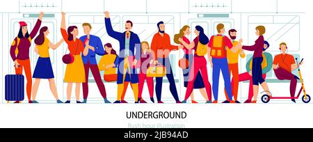 Public transport and underground concept with rush hour symbols flat vector illustration Stock Vector