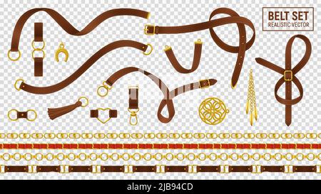 Belt realistic transparent set with buckle and chain isolated vector illustration Stock Vector
