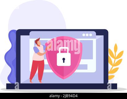 Flat icon with character of computer user and protected personal information on laptop vector illustration Stock Vector