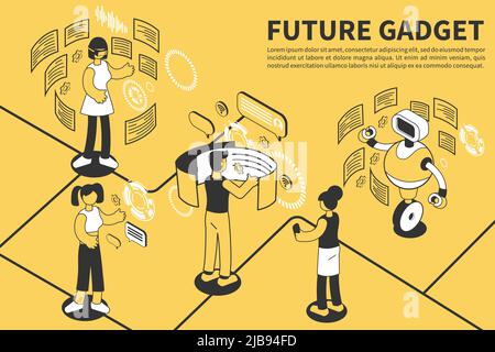 Gadget future isometric background with editable text and composition of people surrounded by flexible flying screens vector illustration Stock Vector