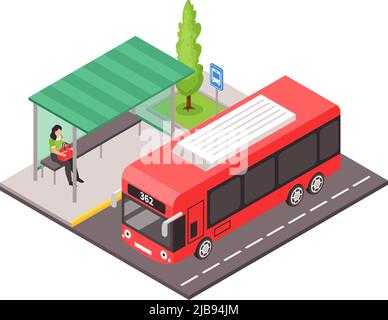 Isometric icon with public transport and woman sitting at bus stop 3d vector illustration Stock Vector