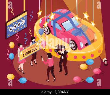 Isometric fortune lottery win composition with prize ticket and automobile with people confetti and colourful balloons vector illustration Stock Vector