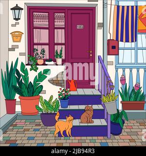 Printable coloring page for kids adults with house entrance front porch steps cats plants vector illustration Stock Vector