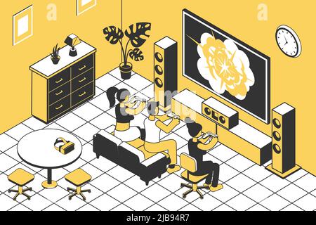 People playing game console with joysticks in living room 3d isometric vector illustration Stock Vector