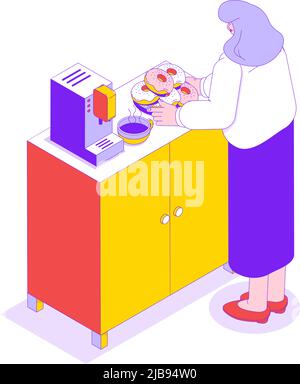 Office kitchen with coffee machine and woman going to have break with hot coffee and donuts isometric icon vector illustration Stock Vector