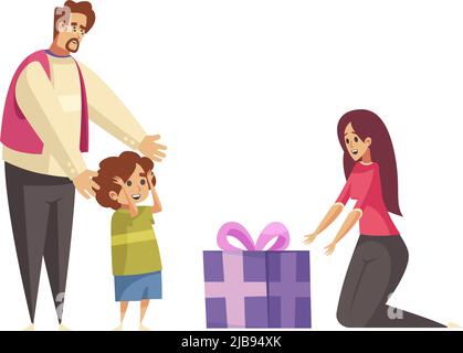 Gift present giving composition with cartoon characters of surprised family members with gift box vector illustration Stock Vector