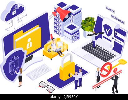 Smartphone and computer cyber security isometric icons with protection symbols and cloud technology elements  vector illustration Stock Vector