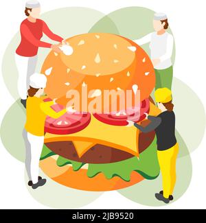 Burger house isometric composition with group of small human characters holding ingredients of fast food burger vector illustration Stock Vector