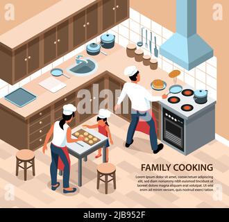 Isometric people cooking background composition with editable text and home kitchen scenery with family member characters vector illustration Stock Vector
