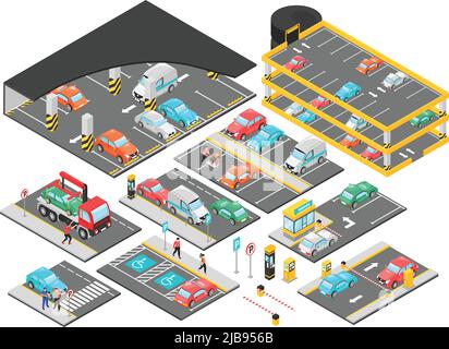 Isometric car parking underground multilevel set with isolated constructor elements for parking lot levels with cars vector illustration Stock Vector