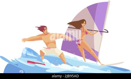 Beach composition with characters of man and woman riding surfing boards on stream of waves vector illustration Stock Vector