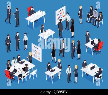 Isometric business set with groups of human characters sitting at working places having meetings and conversations vector illustration Stock Vector