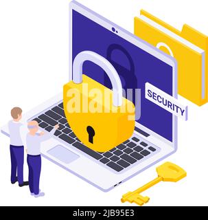 Isometric data security concept with two people and lock on computer vector illustration Stock Vector