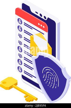 Isometric cyber security icon with fingerprint access to personal information on smartphone 3d vector illustration Stock Vector