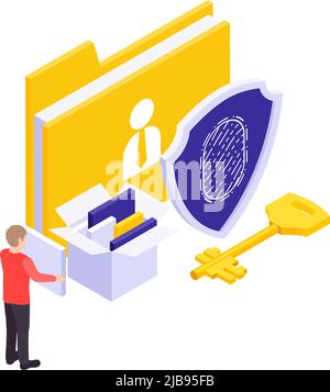 Cyber security isometric concept with fingerprint access key and folders on white background vector illustration Stock Vector