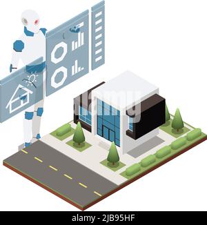 Artificial intelligence concept with robot and modern private house isometric vector illustration Stock Vector