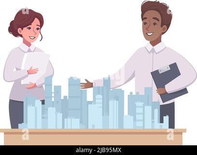 Architect showing model of city buildings cartoon composition vector illustration Stock Vector