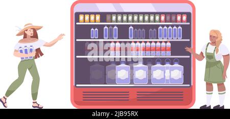 Cool drink flat composition with wide refrigerator with bottles and women vector illustration Stock Vector