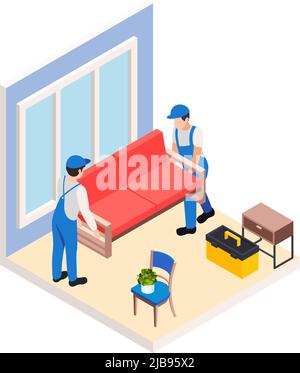 Renovation repair works isometric composition with characters of two workers carrying sofa vector illustration Stock Vector