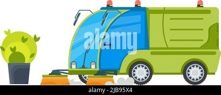 Flat icon of vehicle cleaning streets with brushes on white background vector illustration Stock Vector