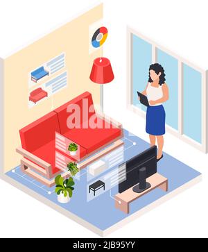 Renovation repair works isometric composition with living room scenery and woman choosing new furniture vector illustration Stock Vector