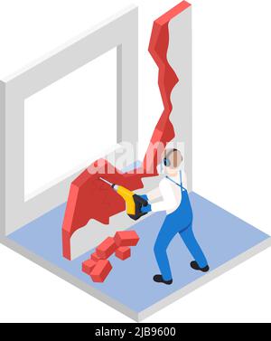 Renovation repair works isometric composition with character of worker breaking old wall vector illustration Stock Vector