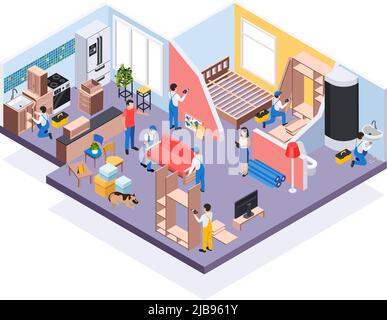 Renovation repair works isometric composition with view of apartment and workers assembling furniture and bathroom fixtures vector illustration Stock Vector