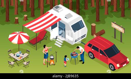 Isometric family trip horizontal composition with outdoor forest scenery camper van and family members making barbecue vector illustration Stock Vector