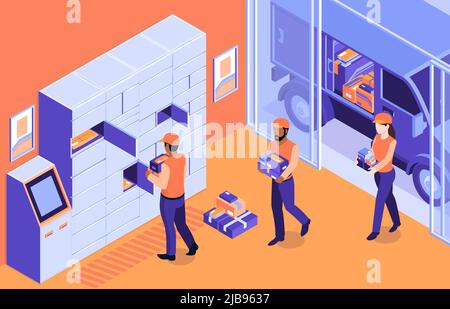 Isometric post terminal logistic composition with indoor scenery and postal workers loading parcels into automated locker vector illustration Stock Vector