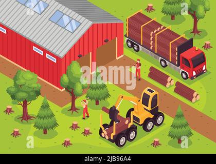 Isometric wooden sawmill composition with outdoor scenery and warehouse building with bulldozer and truck with people vector illustration Stock Vector