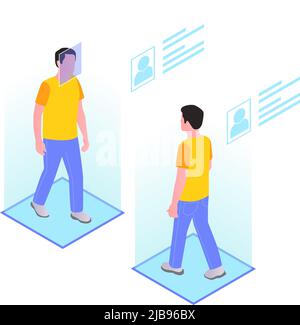 Smart city technologies isometric composition with walking men and holographic profiles vector illustration Stock Vector