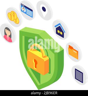 Personal data protection isometric concept with green shield on white background 3d vector illustration Stock Vector