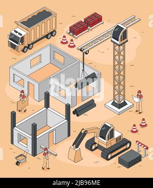 Isometric builders composition of house construction site with bulldozers trucks and pillar crane with human characters vector illustration Stock Vector