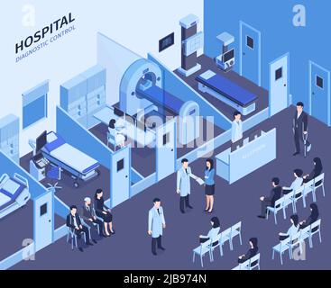 Hospital interior isometric composition with receptionist front desk waiting room  diagnostic ultrasound mri scanners patients vector illustration Stock Vector