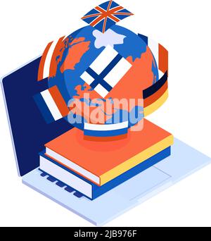 Online library with books in various foreign languages isometric concept 3d vector illustration Stock Vector