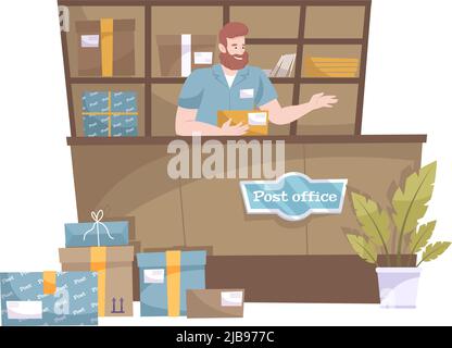 Post office counter with male worker and parcels on shelves flat icon vector illustration Stock Vector