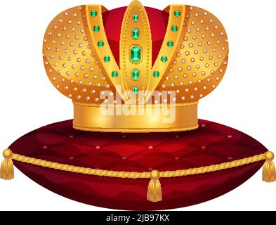 Royal golden crown composition with isolated image of crown on red velvet pillow vector illustration Stock Vector