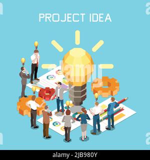 Project management isometric composition with text and polygonal icon of lamp with graphs charts and people vector illustration Stock Vector