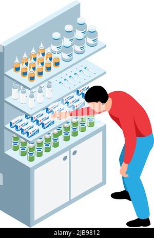 Pharmacy isometric icon with man taking medicine from shelf vector illustration Stock Vector