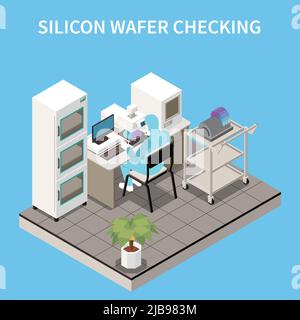 Semiconductor chip production isometric composition with character of worker in chemical suit sitting at factory appliance vector illustration Stock Vector