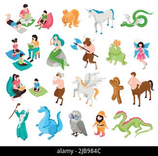 Isometric fairy tale story book set of isolated icons with fairytale characters on blank background vector illustration Stock Vector