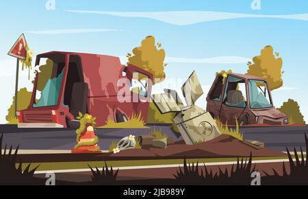 Post apocalypse background with  destroyed cars on road after military action cartoon vector illustration Stock Vector