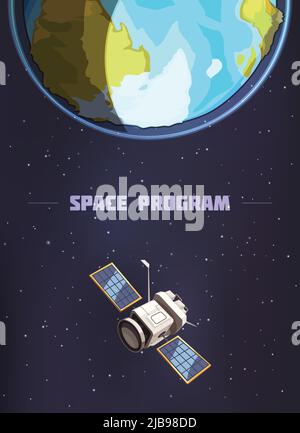 Space program poster with artificial earth satellite flying against ...