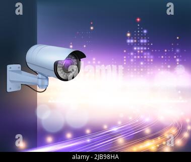 Video surveillance security cameras realistic composition with image of wall camera with night city lights background vector illustration Stock Vector